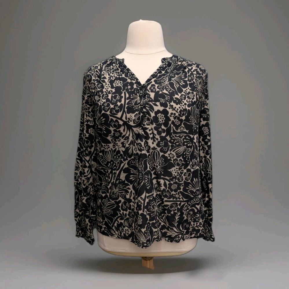 Sonoma Popover Top Black/Tan Floral V-Neck Round Hem XL